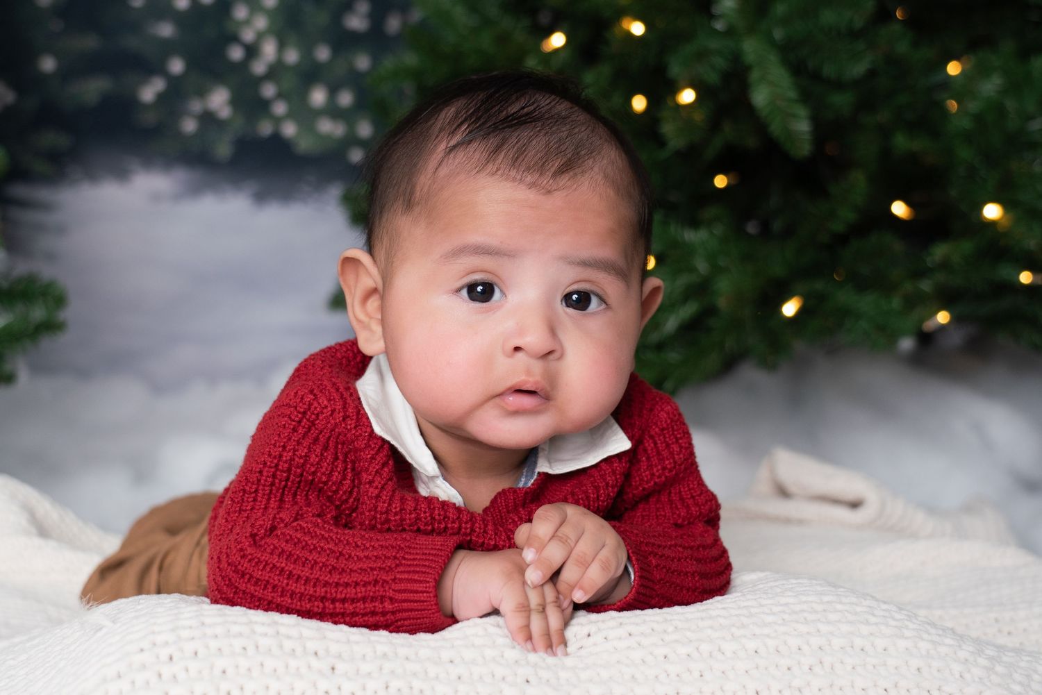 Baby wearing a red sweater poses for holiday photos with Christmas tree lights in the background.