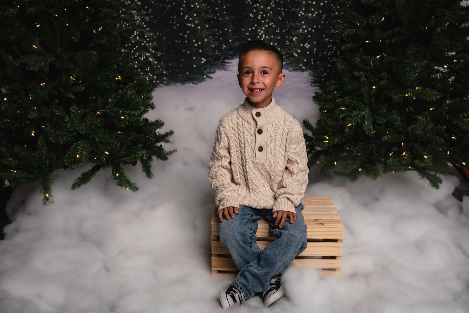 A series of seven photos showing a person in casual attire sitting on a wooden bench surrounded by fog effects.