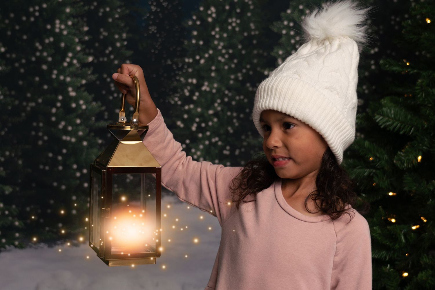 A lantern glows warmly against a dark background with bokeh lights creating a magical winter atmosphere.