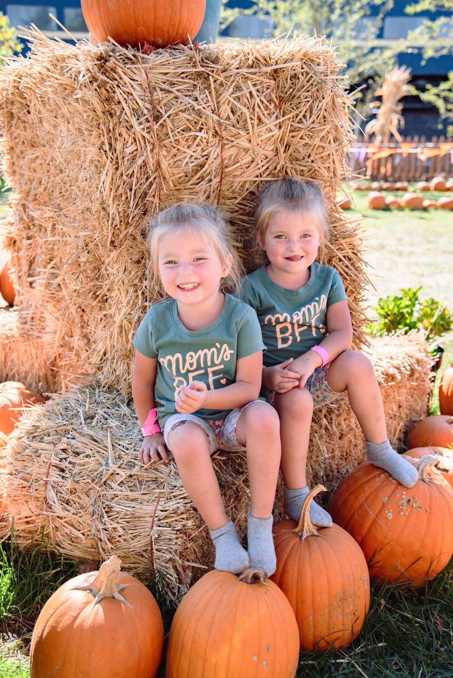 Children sitting together on hay bales surrounded by bright orange pumpkins at a festive autumn pumpkin patch display.