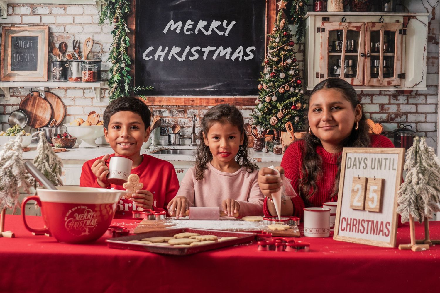 A festive collage of holiday scenes with Christmas decorations, dining tables, and seasonal decor against a brick wall backdrop.