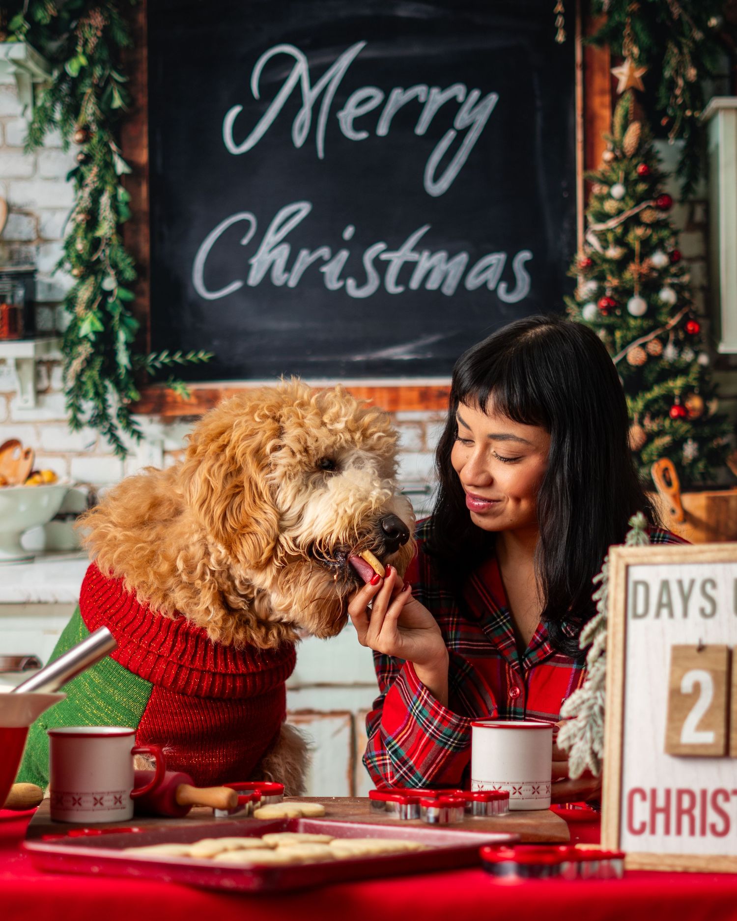 Cozy Christmas kitchen scene with chalkboard signs, greenery, and family decorating cookies together.