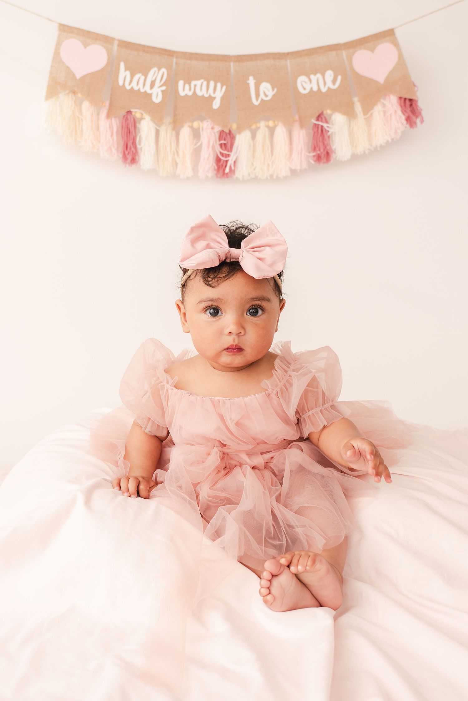 Baby in pink tulle dress and bow sitting beneath a 'half way to one' banner for six month milestone photos.