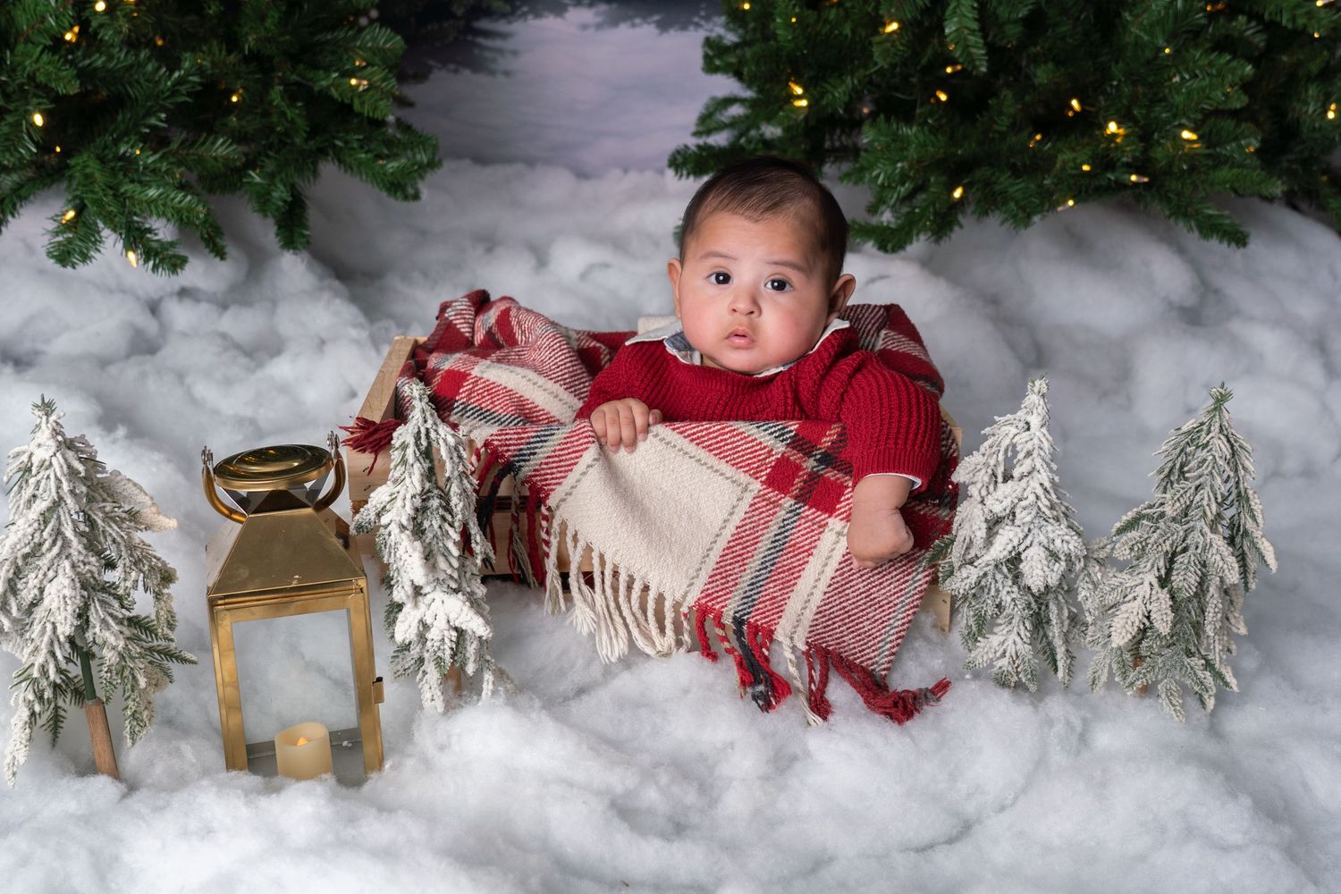 Winter holiday scene with miniature cabin, snow-covered trees, plaid blanket, and festive Christmas decor.