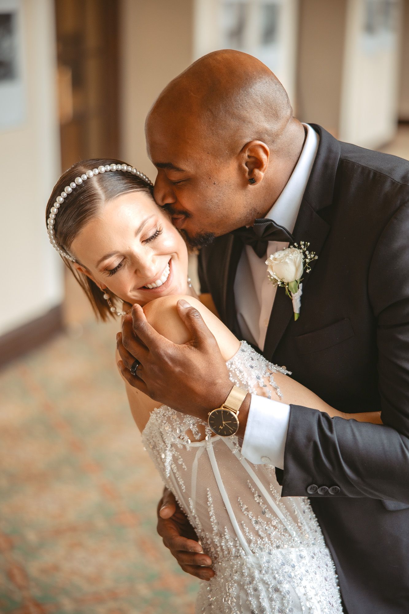 Romantic wedding couple sharing intimate moments in a series of candid portraits.