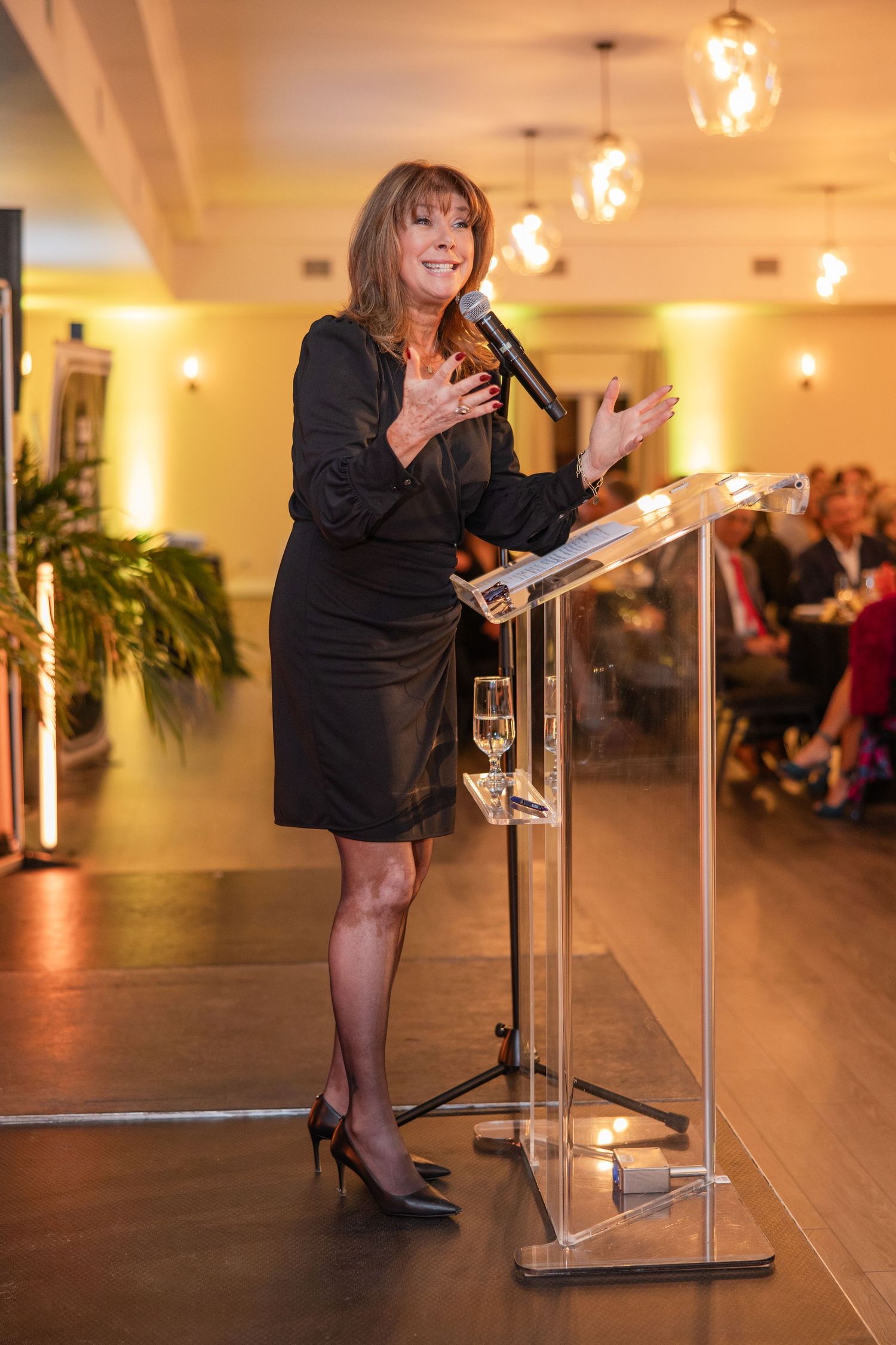 Speaker in black dress delivers remarks at podium during evening event with warm lighting and hardwood floors.