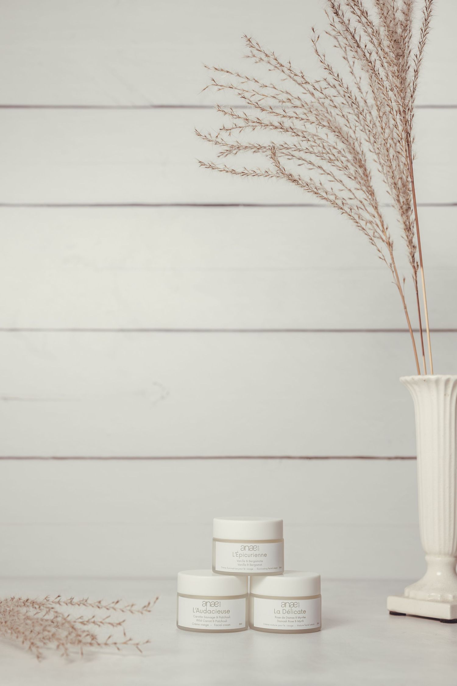 Elegant display of white cosmetic jars with dried pampas grass against white shiplap wall.
