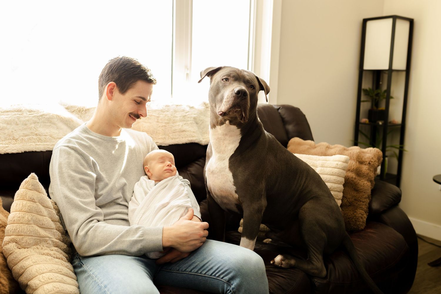 Family relaxing together on a couch with their dog in a sunlit room.