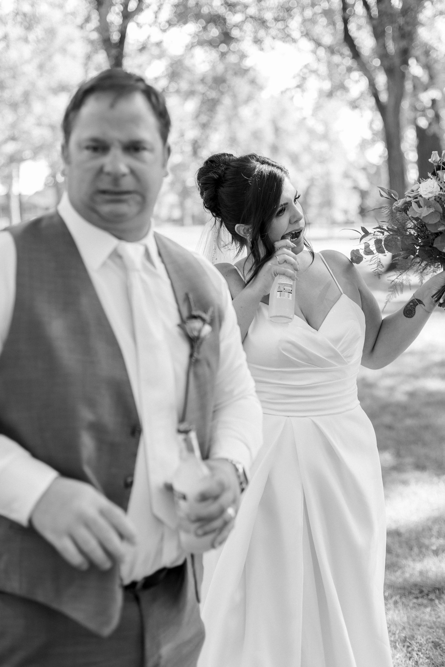 Black and white photo sequence showing a playful moment between newlyweds in an outdoor garden setting.
