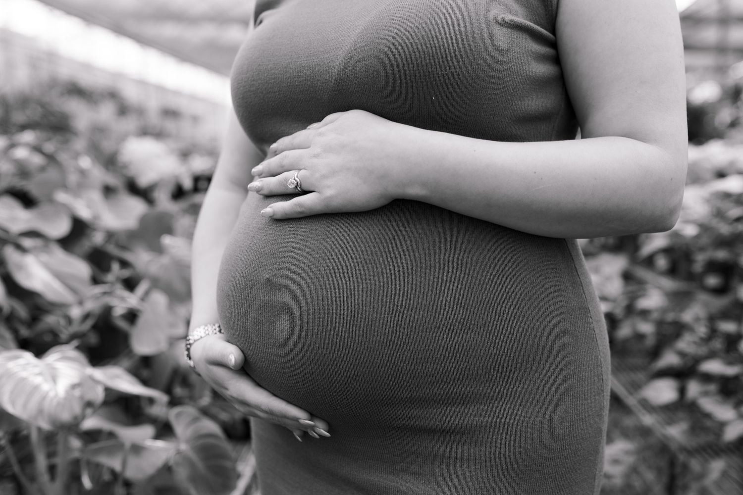 Black and white detail shots of maternity bump in greenhouse setting.