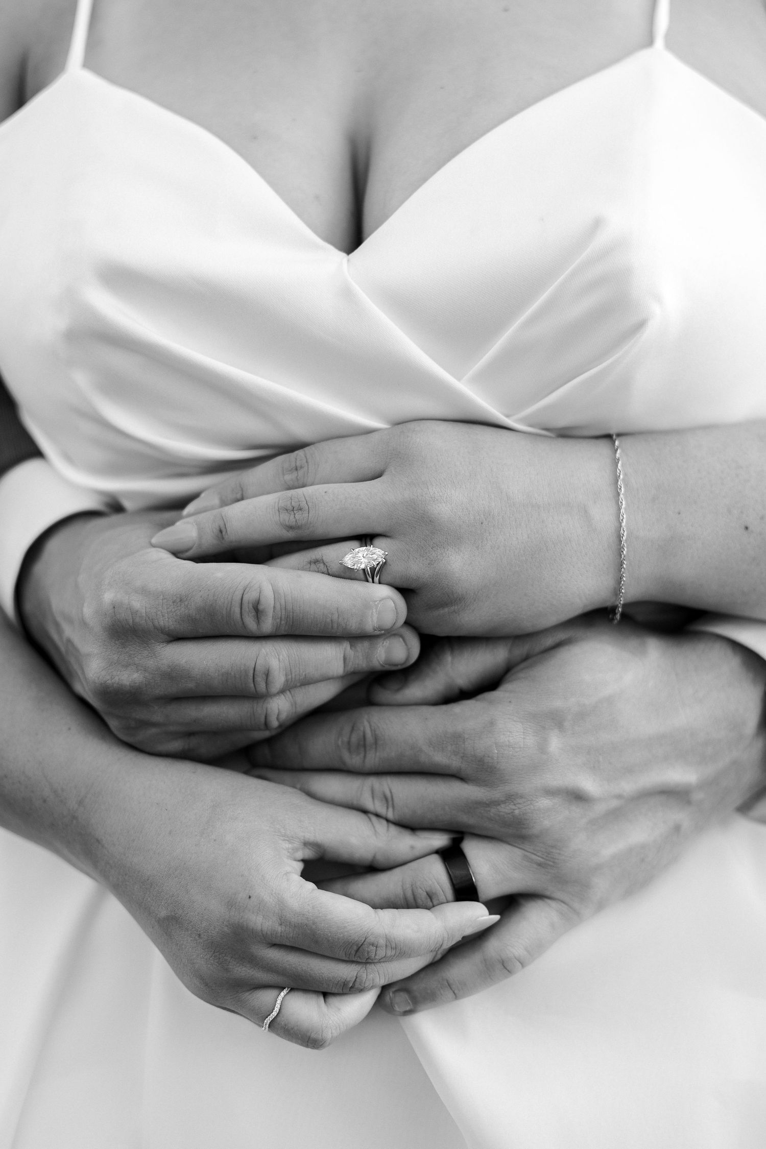 Close-up black and white photo series of hands with wedding rings.