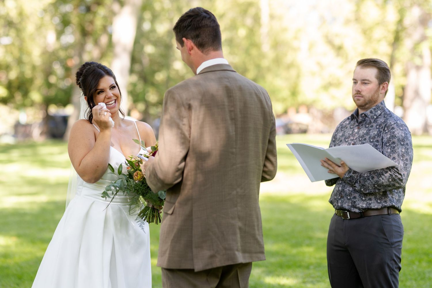 A photo strip showing joyful moments between couples dancing and embracing at an outdoor wedding celebration.