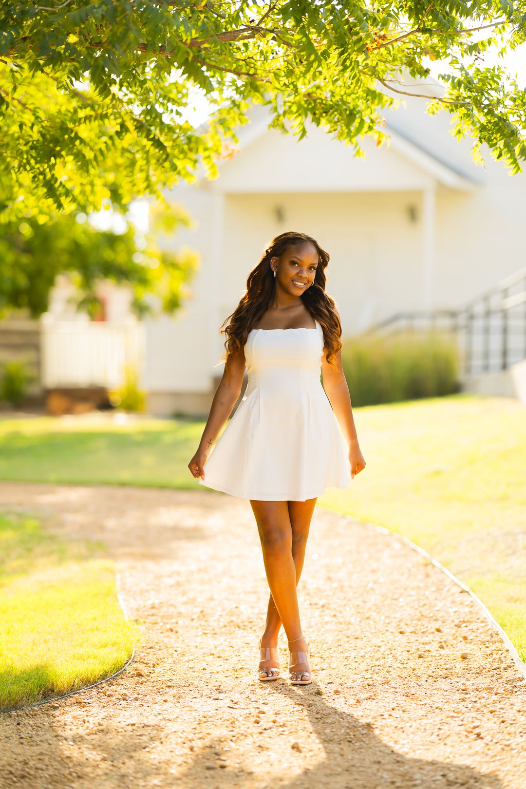 A series of photos showing a person in a white dress walking on a sunlit path under green tree branches.