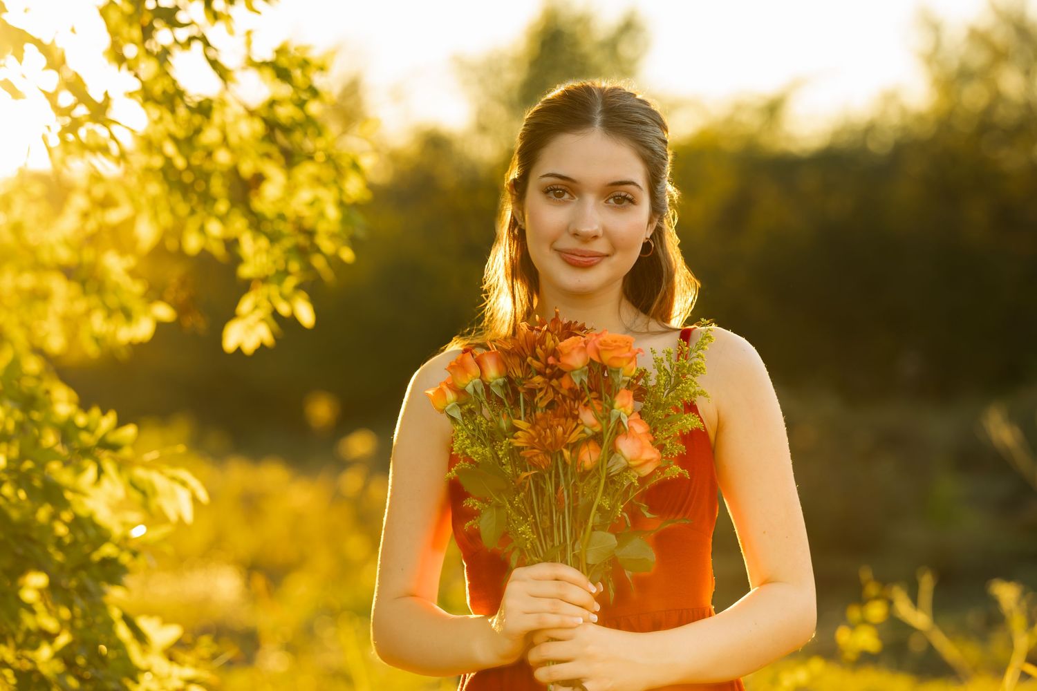 Golden hour senior picture with flowers - Arbor Hills - Plano Texas.