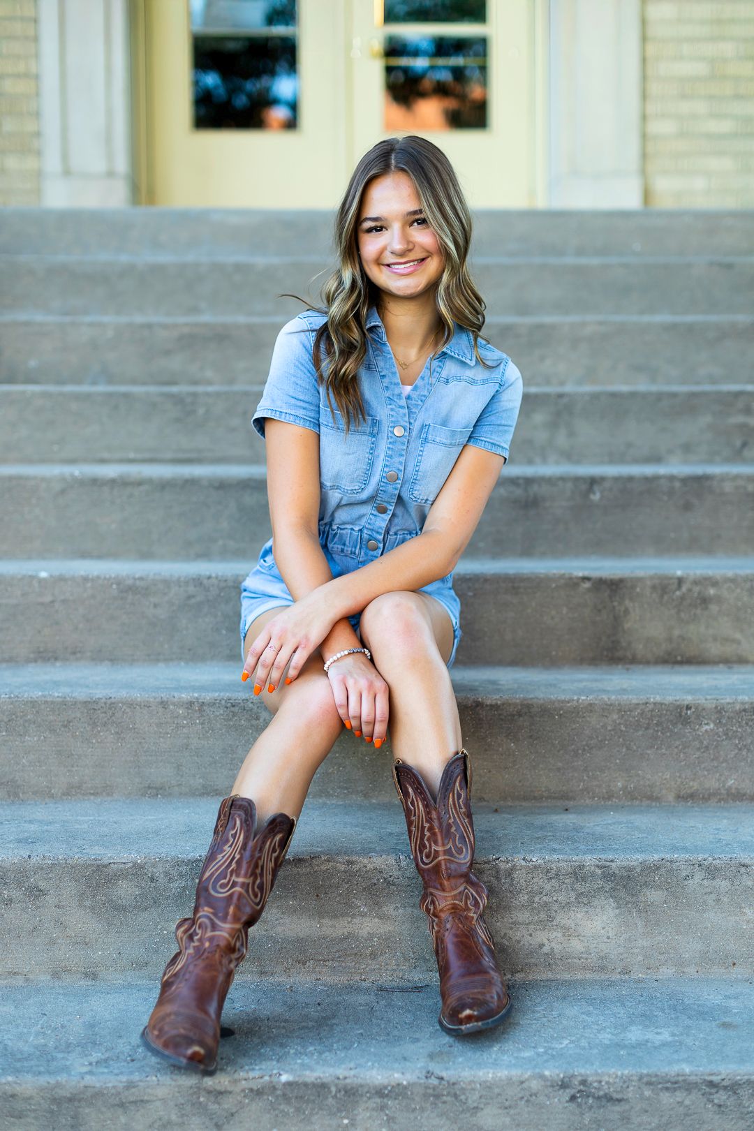 Casual photos on stone steps showing western-inspired style with denim and boots.