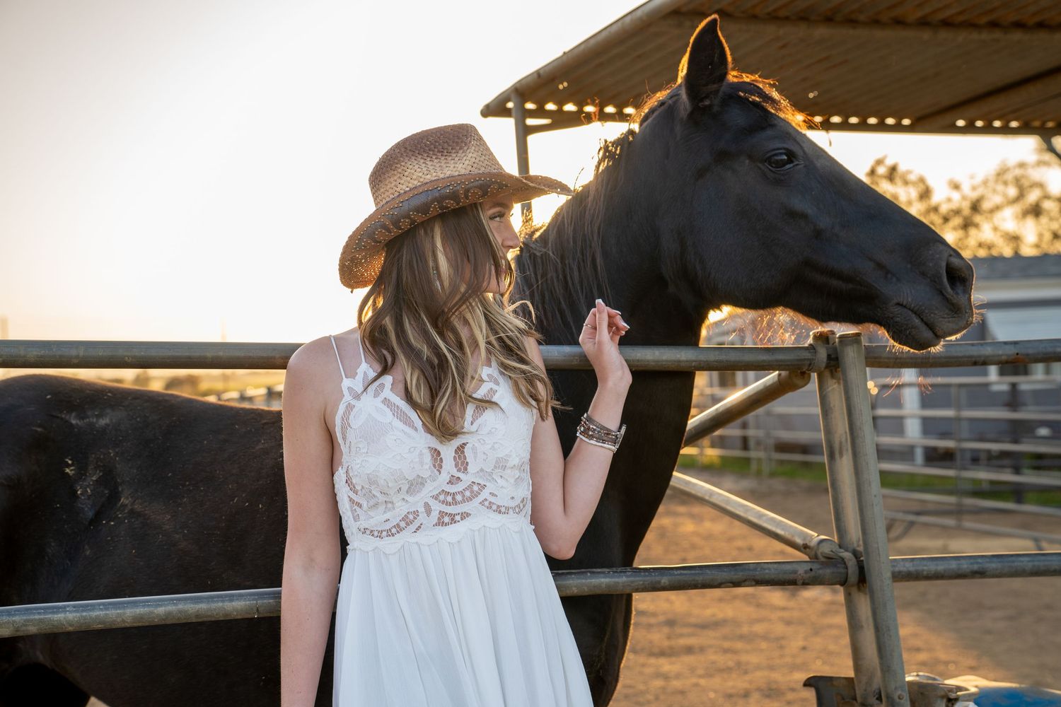 A dark horse and a person in a white dress stand together at sunset in a rustic farm setting.