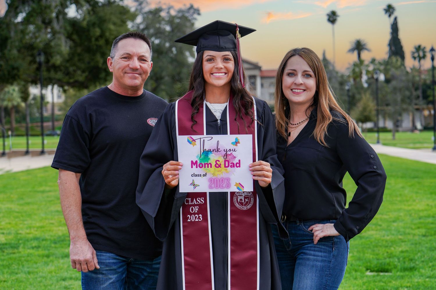 A series of graduation photos showing graduates in black caps and gowns posing with family members outdoors.