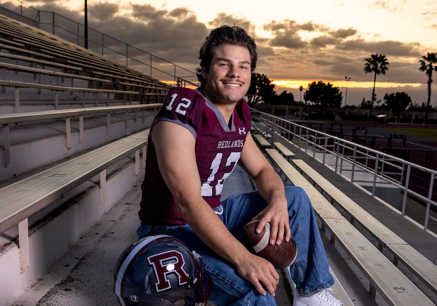 A series of sunset portraits taken on stadium bleachers with dramatic orange sky and palm trees in the background.