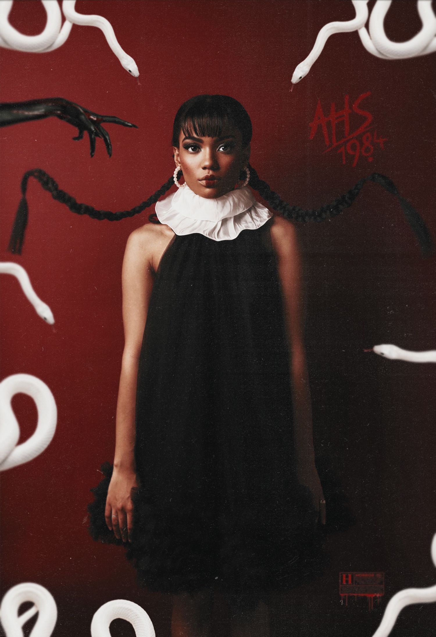 Gothic-styled portrait with dramatic lighting and spooky decorative elements.