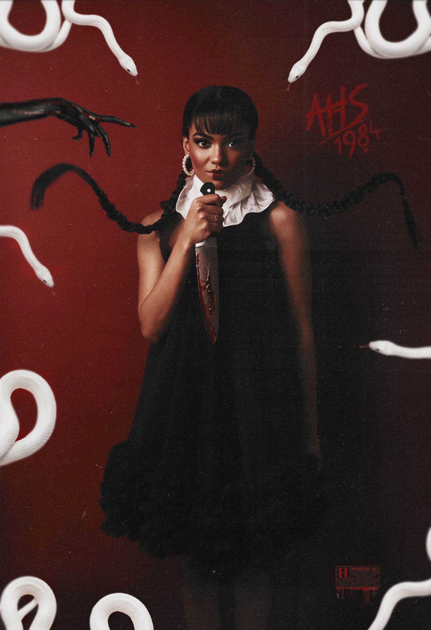Moody portrait with white abstract elements against a red wall in vintage horror style.