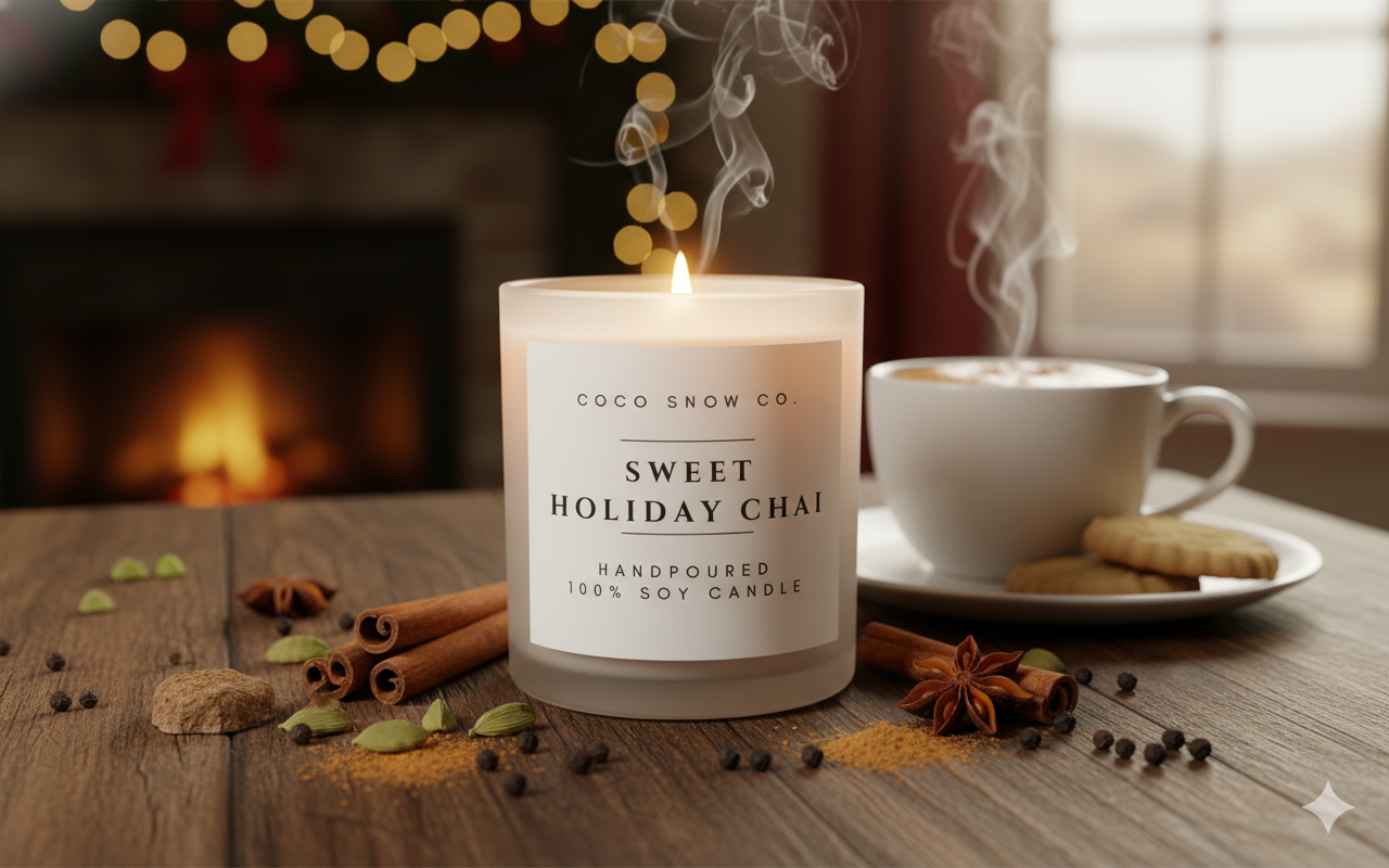 Sweet Holiday Chai soy candle burning beside chai spices and tea near a warm glowing fireplace.