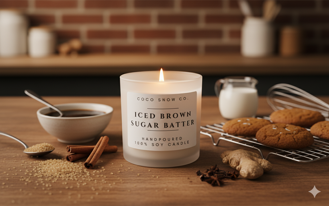 Iced Brown Sugar Batter soy candle with cinnamon, ginger, and fresh cookies on a rustic kitchen counter.