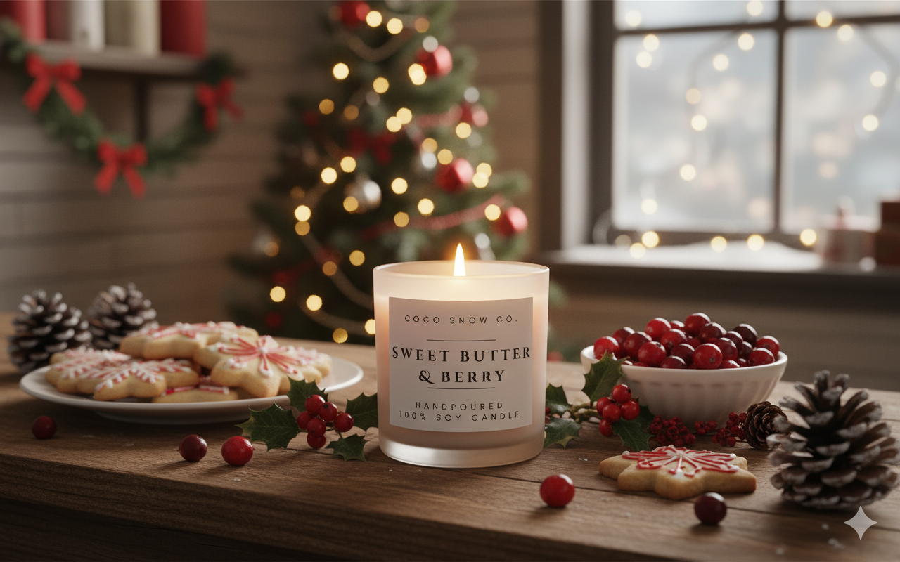 Sweet Butter & Berry holiday soy candle surrounded by pine cones, berries, and Christmas cookies.
