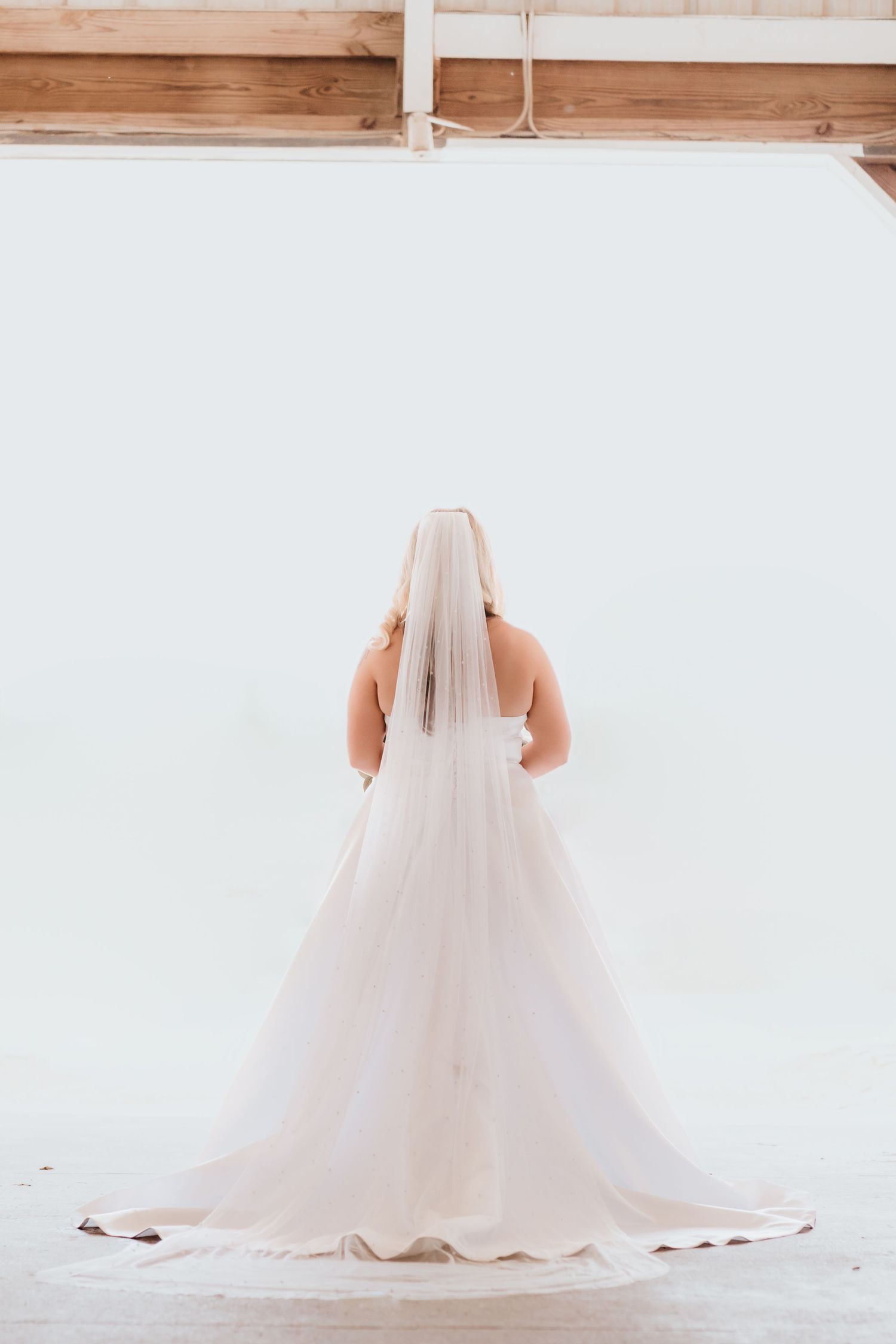 Bride in elegant white ball gown with long cathedral veil seen from behind standing in bright open space.