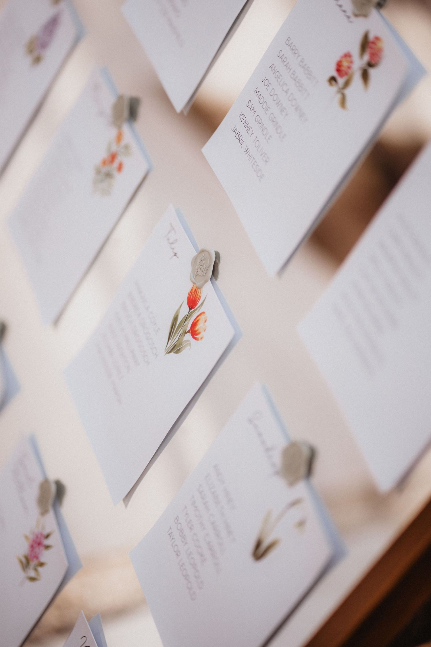 Close-up of botanical illustrated escort cards pinned to a wedding seating chart display.