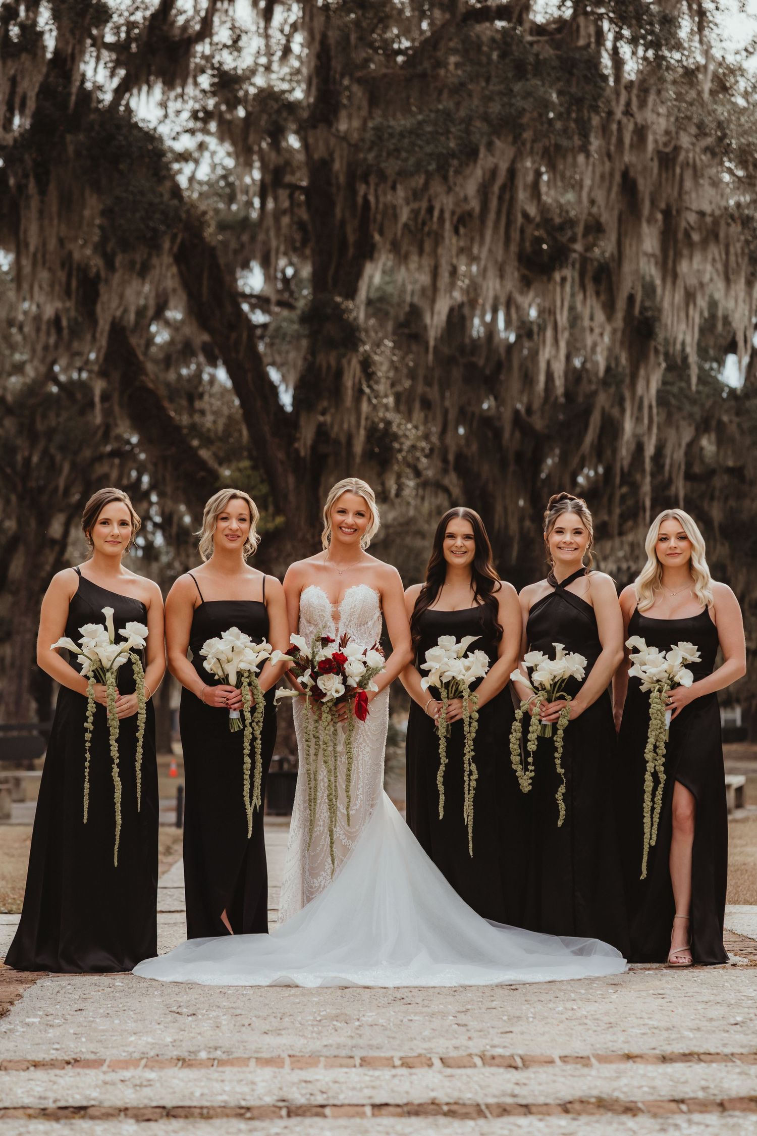 Bride and five bridesmaids in black gowns pose formally holding white and red bouquets beneath Spanish moss-draped trees.
