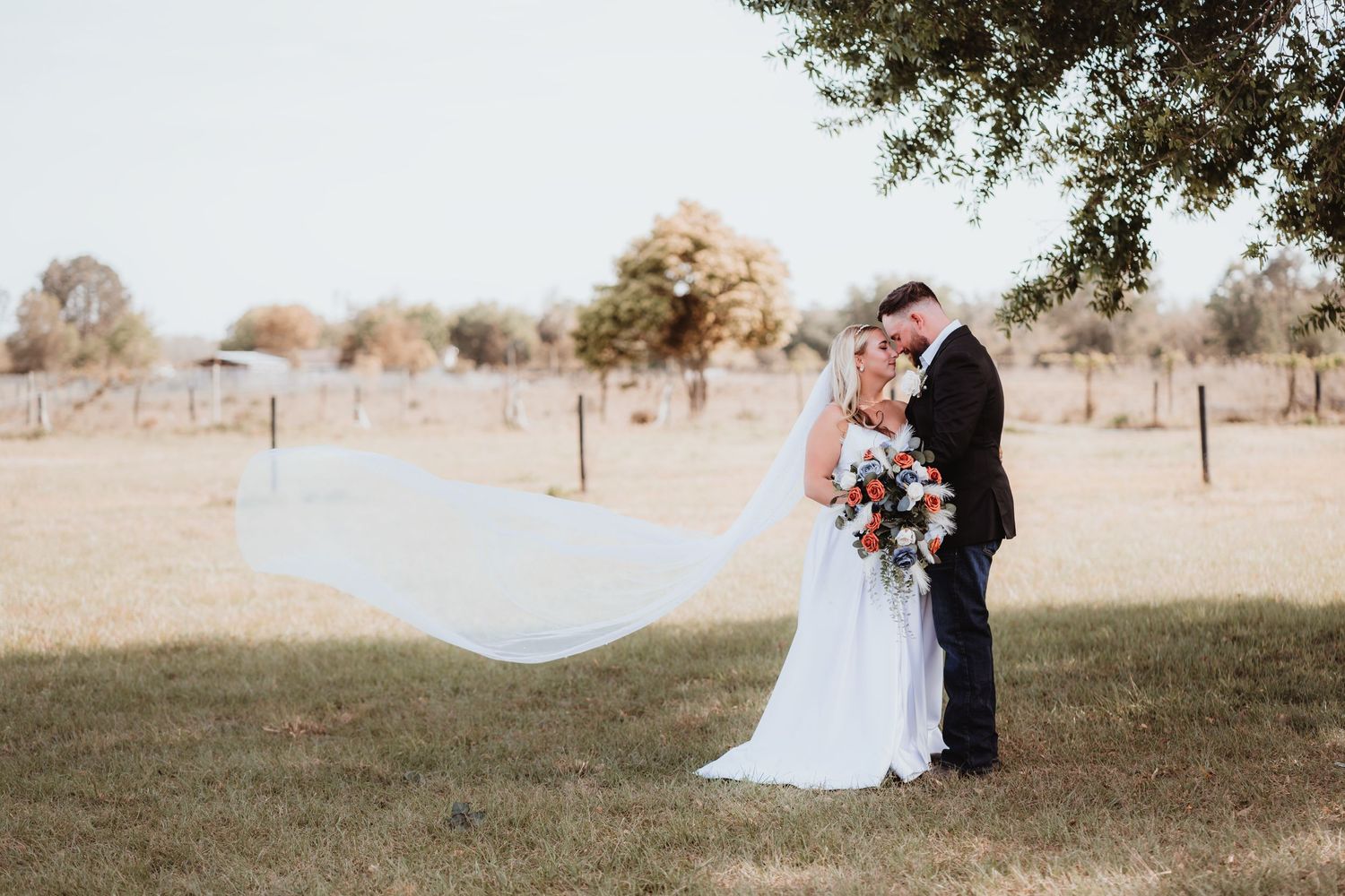 Wedding couple kisses under a large tree with the bride's veil dramatically flowing in the breeze on a sunny day.