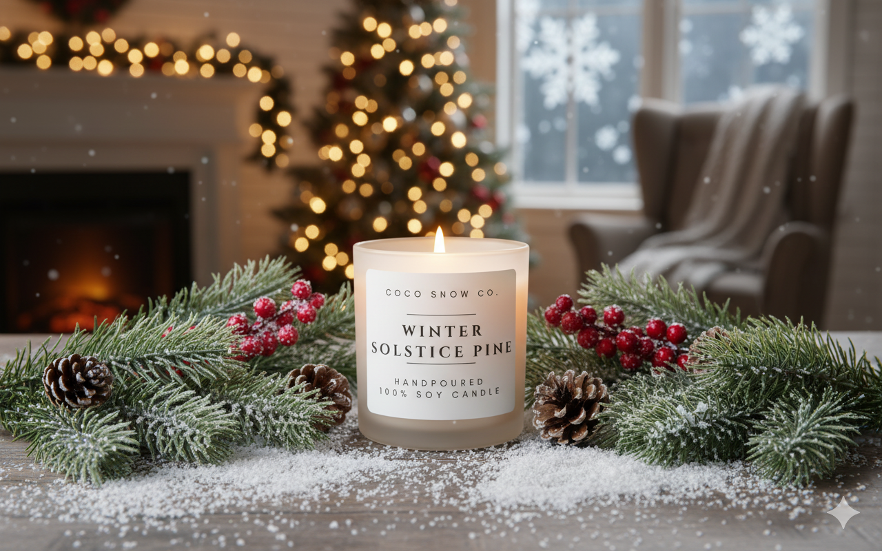 Winter Solstice Pine soy candle nestled in snowy pine branches near a cozy Christmas fireplace.