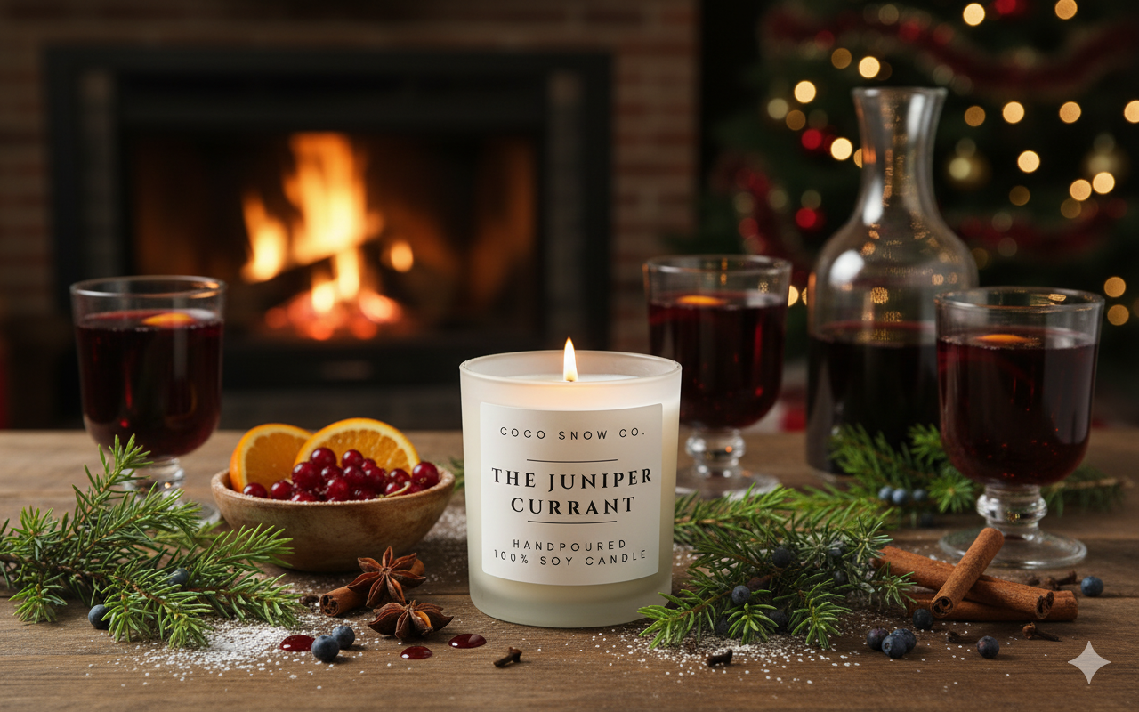 Juniper Currant scented soy candle glowing warmly beside mulled wine and holiday spices near a cozy fireplace.