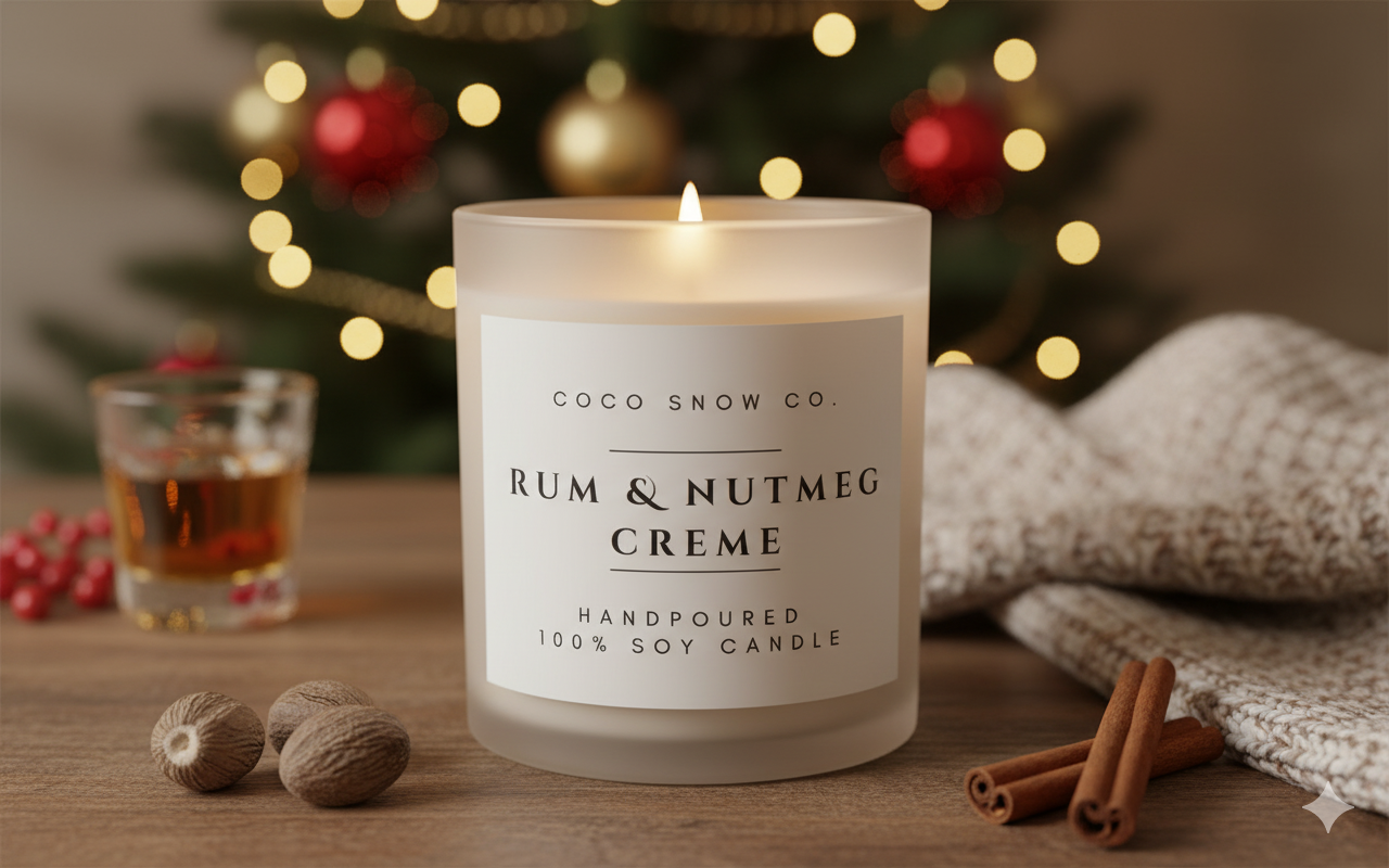 Rum and Nutmeg Creme soy candle with cinnamon sticks and nutmeg near a glowing Christmas tree.
