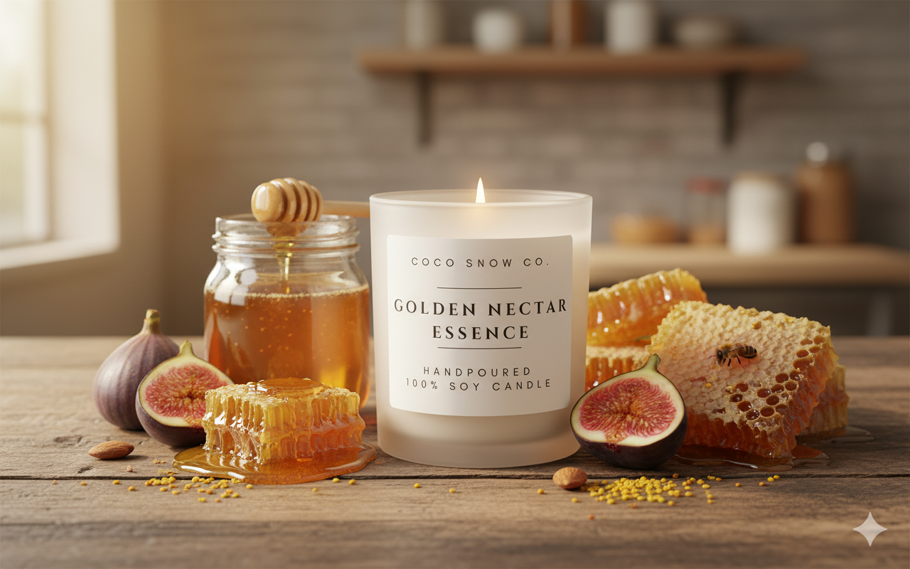 Golden Nectar Essence soy candle with honeycomb, figs, and honey jar on a warm kitchen table.
