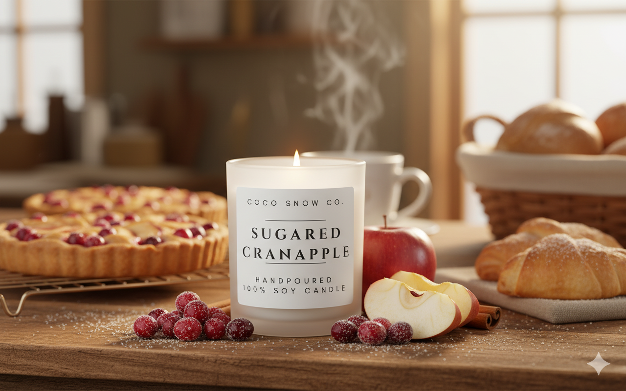 Sugared Cranapple soy candle with steaming mug beside cranberry tart and fresh apples.