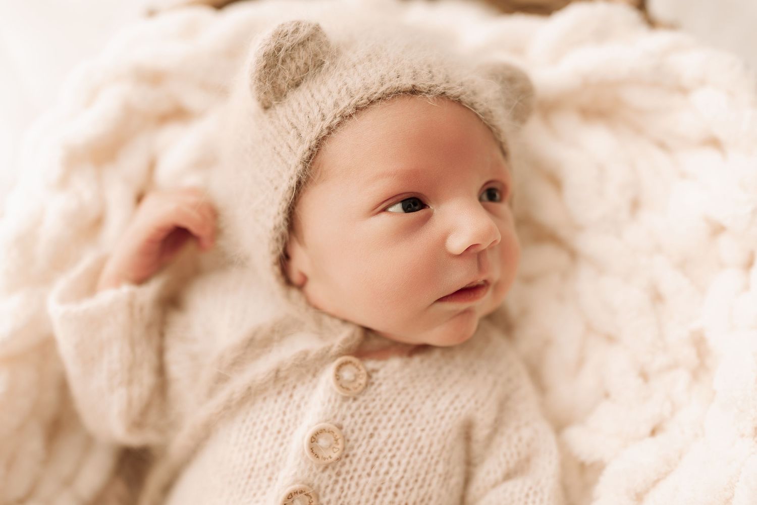 Alert newborn baby wearing a cozy bear-eared knit bonnet and matching cardigan in a warm studio setting.