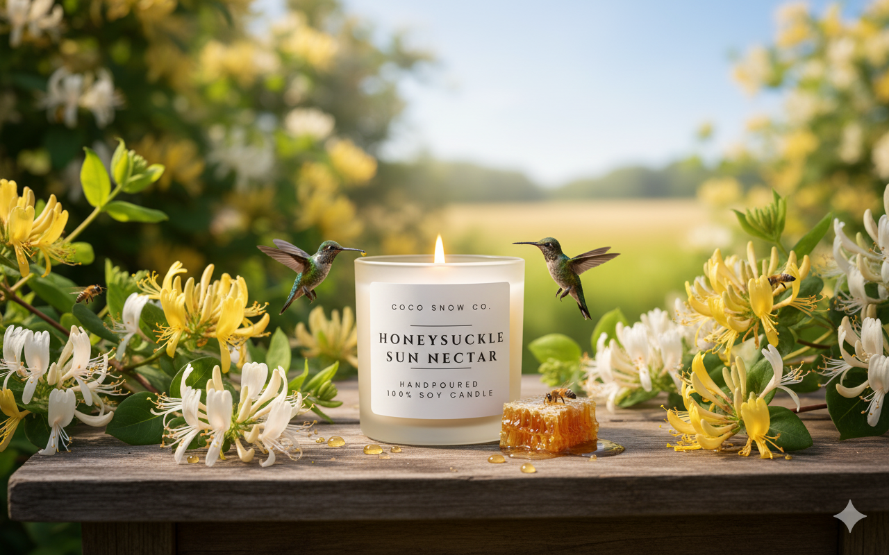 Honeysuckle Sun Nectar soy candle lit among honeysuckle blooms with hummingbirds in a lush garden setting.