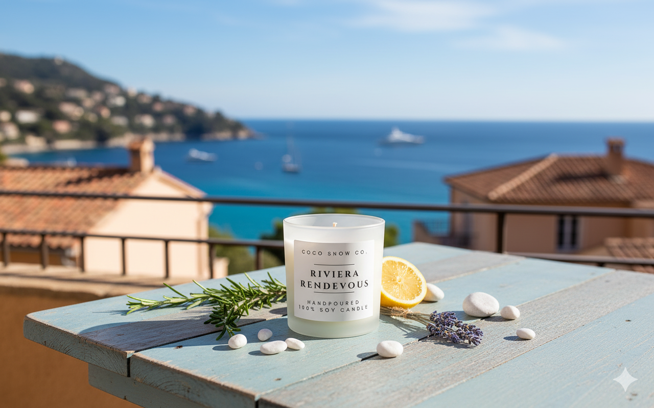 Riviera Rendezvous soy candle on a balcony overlooking a stunning Mediterranean coastal view.