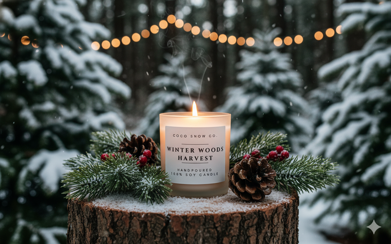 Winter Woods Harvest soy candle glowing on a snowy tree stump surrounded by pine branches and red berries.