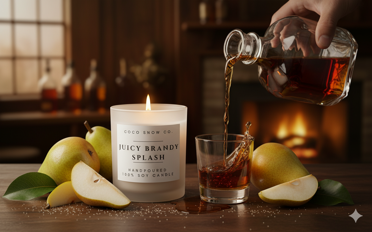 Juicy Brandy Splash soy candle beside fresh pears as brandy pours into a glass near a warm fireplace.