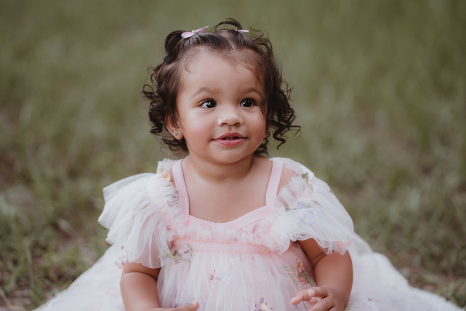 Adorable toddler girl in pink tulle dress with curly hair sitting on grass smiling.