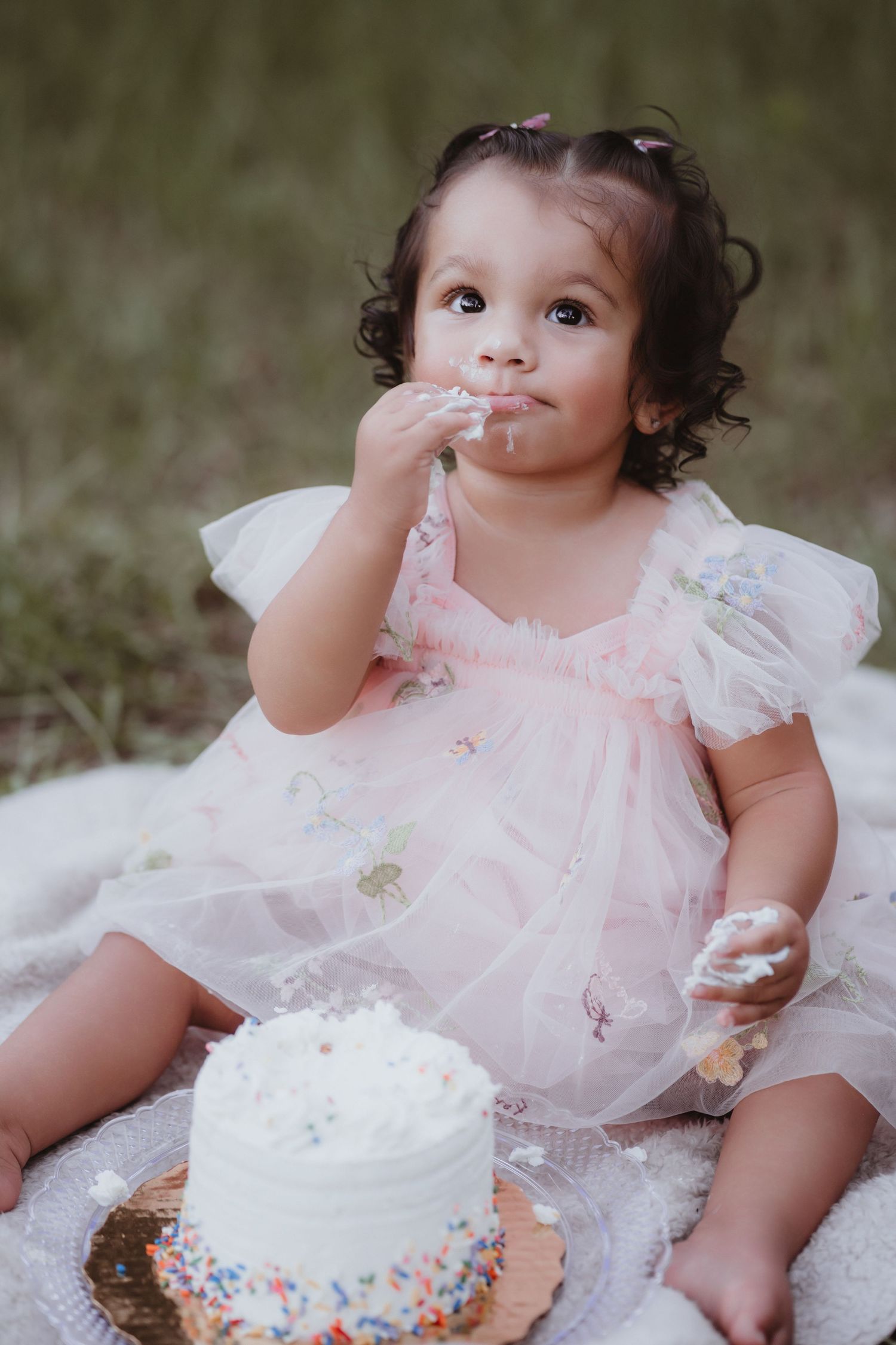 Baby girl in pink dress eating birthday cake during outdoor smash cake session.