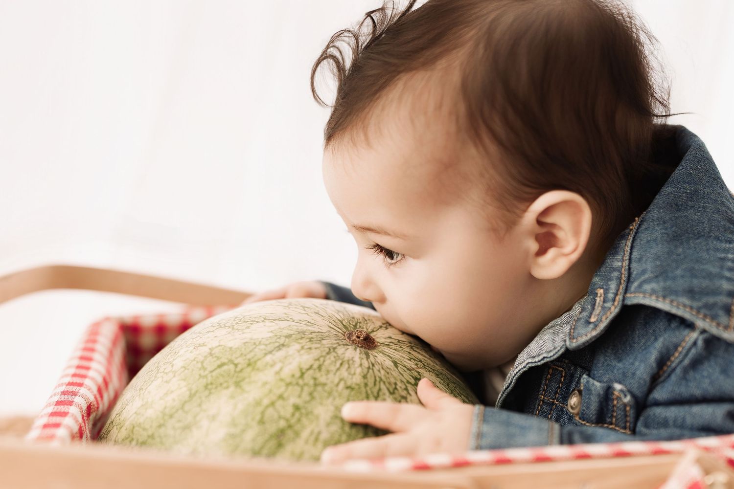 Curious baby in denim jacket leaning over to bite a large green watermelon.