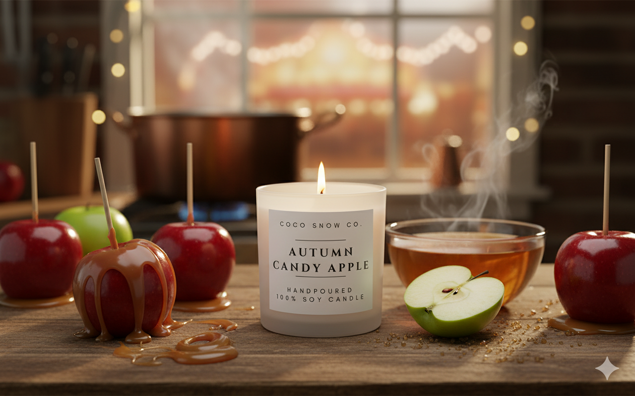 Autumn Candy Apple soy candle surrounded by caramel apples, green apples, and warm cider on a wooden table.