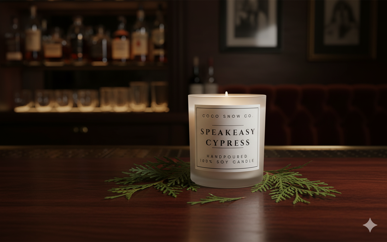Speakeasy Cypress handpoured soy candle with pine sprigs on dark wood bar counter.
