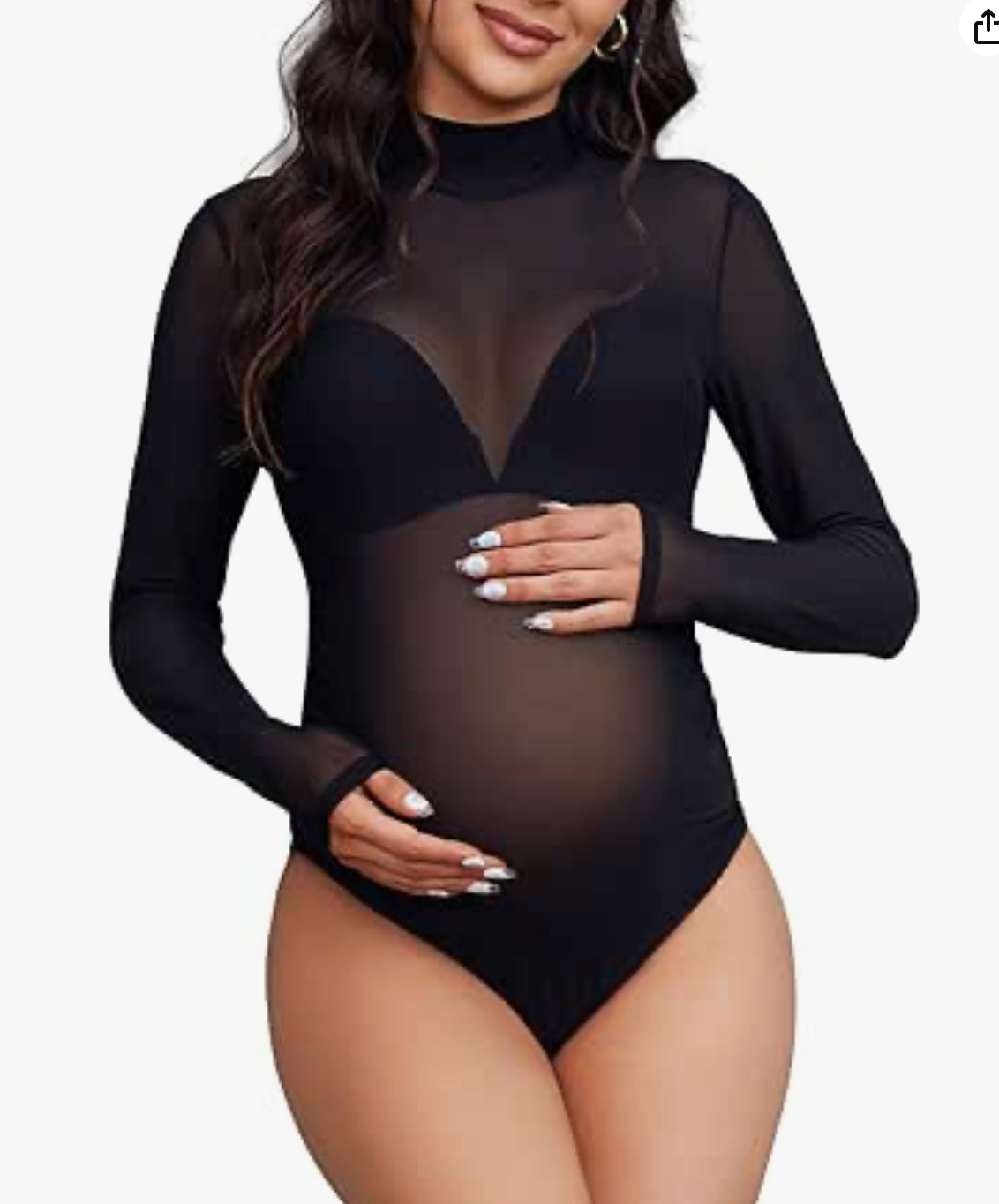 Black mesh long sleeve maternity bodysuit with turtleneck and plunge detail on pregnant model.