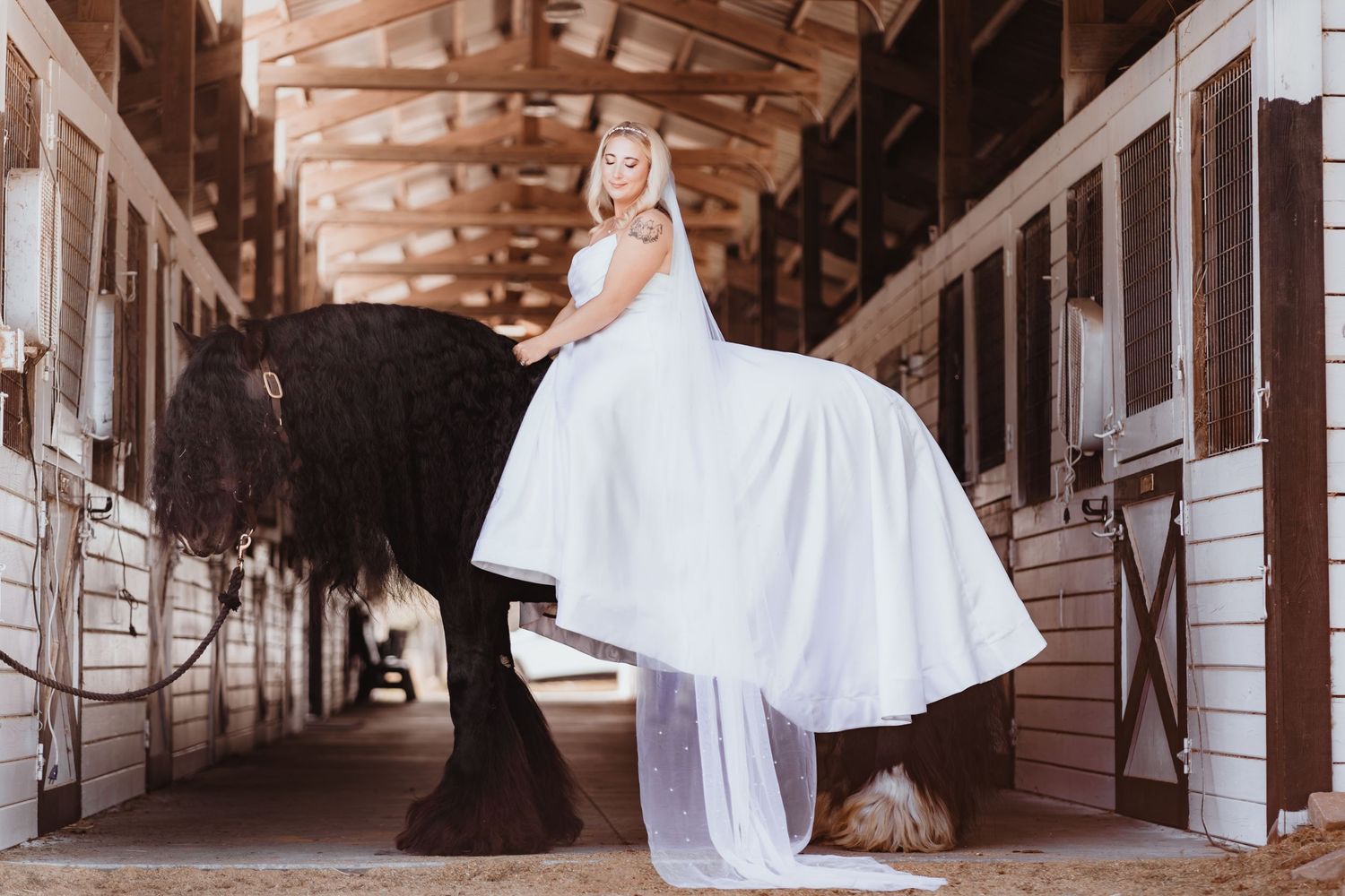 Elegant bride in white gown poses with a black horse inside a rustic barn.