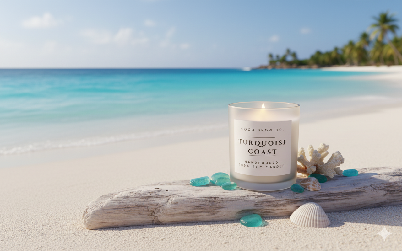 Turquoise Coast soy candle on driftwood with seashells on a tropical white sand beach.