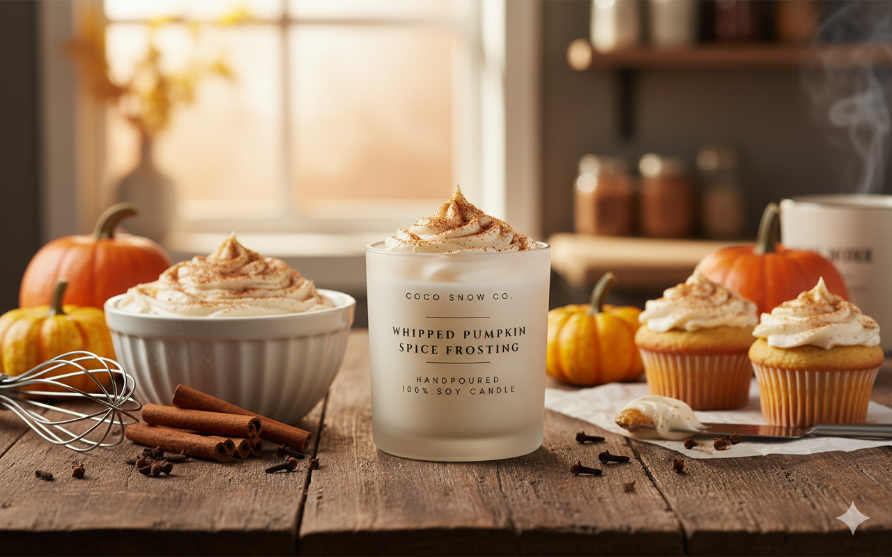 Whipped Pumpkin Spice Frosting soy candle with autumn pumpkins and spiced cupcakes on wood.